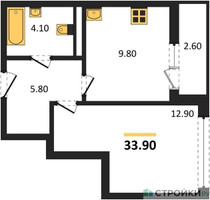 Планировка однокомнатной(квартира) площадью 33.9 квадратных метров в “ЖК Родные кварталы”