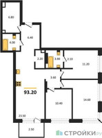 Планировка трехкомнатной(квартира) площадью 93.2 квадратных метров в “ЖК Portland (Портланд)”