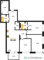 Планировка трехкомнатной(квартира) площадью 93.2 квадратных метров в ЖК “ЖК Portland (Портланд)”