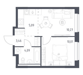 Планировка однокомнатной(квартира) площадью 32.92 квадратных метров в ЖК “ЖК Новое Видное”