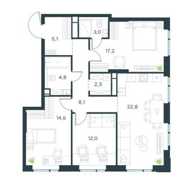Планировка трехкомнатной(квартира) площадью 89.9 квадратных метров в ЖК “Level Войковская”