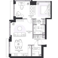 Планировка двухкомнатной(квартира) площадью 65.7 квадратных метров в “ЖК Hide (Хайд)”