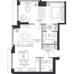 Планировка двухкомнатной(квартира) площадью 65.7 квадратных метров в ЖК “ЖК Hide (Хайд)”