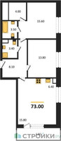 Планировка двухкомнатной(квартира) площадью 73 квадратных метров в “Жилые кварталы Белый Град”