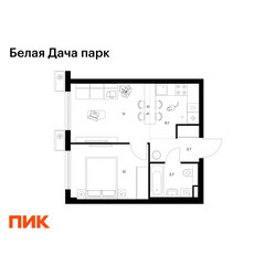 Планировка однокомнатной(квартира) площадью 36.5 квадратных метров в ЖК “ЖК Белая Дача парк”