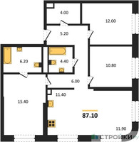 Планировка трехкомнатной(квартира) площадью 87.1 квадратных метров в “ЖК STONE Sokolniki (Сокольники)”