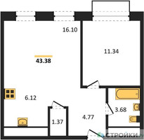 Планировка однокомнатной(квартира) площадью 43.38 квадратных метров в “ЖК Новоград Павлино”