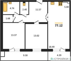 Планировка двухкомнатной(квартира) площадью 77.12 квадратных метров в “ЖК Егорово Парк”