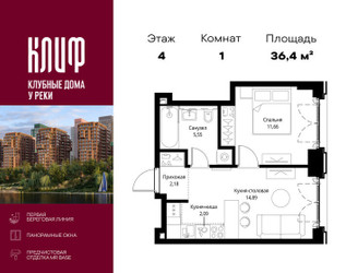 Планировка однокомнатной(квартира) площадью 36.37 квадратных метров в ЖК “ЖК Сити Бэй”