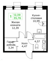 Планировка однокомнатной(квартира) площадью 35.76 квадратных метров в “ЖК КИТ 2”