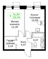 Планировка однокомнатной(квартира) площадью 35.76 квадратных метров в ЖК “ЖК КИТ 2”