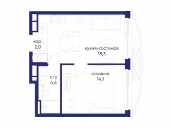 Планировка однокомнатной(квартира) площадью 39.02 квадратных метров в ЖК “ЖК Остров”