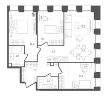 Планировка трехкомнатной(квартира) площадью 77.5 квадратных метров в “ЖК Pave (Пэйв)”