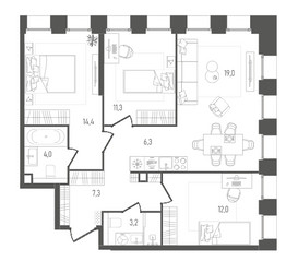 Планировка трехкомнатной(квартира) площадью 77.5 квадратных метров в ЖК “ЖК Pave (Пэйв)”