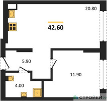 Планировка однокомнатной(квартира) площадью 42.6 квадратных метров в “ЖК Первый квартал”