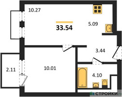 Планировка однокомнатной(квартира) площадью 33.54 квадратных метров в “ЖК Пригород Лесное”
