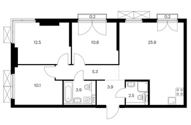 Планировка трехкомнатной(квартира) площадью 75.2 квадратных метров в ЖК “ЖК Руставели 14”