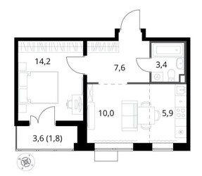 Планировка двухкомнатной(квартира) площадью 44.3 квадратных метров в ЖК “ЖК 1-й Саларьевский (Первый Саларьевский)”