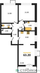 Планировка двухкомнатной(квартира) площадью 63.2 квадратных метров в ЖК “ЖК 1-й Донской (Первый Донской)”