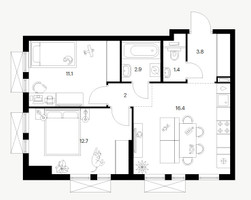 Планировка двухкомнатной(квартира) площадью 50.3 квадратных метров в “ЖК Саларьево парк”