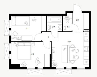 Планировка двухкомнатной(квартира) площадью 50.3 квадратных метров в ЖК “ЖК Саларьево парк”