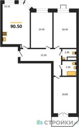 Планировка трехкомнатной(квартира) площадью 90.5 квадратных метров в ЖК “ЖК Мечта”