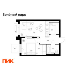 Планировка однокомнатной(квартира) площадью 38 квадратных метров в ЖК “ЖК Зеленый парк”