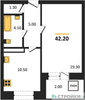 Планировка однокомнатной(квартира) площадью 42.2 квадратных метров в “ЖК Три квартала”