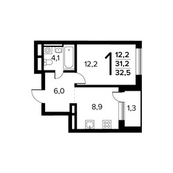 Планировка однокомнатной(квартира) площадью 32.5 квадратных метров в ЖК “Новые Ватутинки. Заречный”
