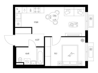 Планировка однокомнатной(квартира) площадью 37.69 квадратных метров в ЖК “ЖК Ильинские луга”