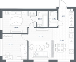 Планировка двухкомнатной(квартира) площадью 60.62 квадратных метров в “ЖК TATE (Тэйт)”