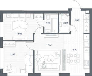 Планировка двухкомнатной(квартира) площадью 60.62 квадратных метров в ЖК “ЖК TATE (Тэйт)”