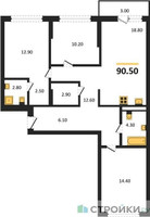 Планировка трехкомнатной(квартира) площадью 90.5 квадратных метров в “ЖК Первый квартал”