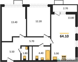 Планировка двухкомнатной(квартира) площадью 64.1 квадратных метров в “ЖК Скандинавия”