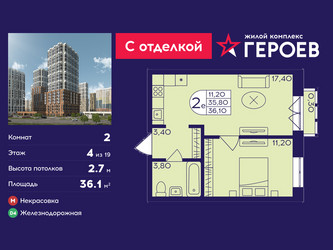 Планировка двухкомнатной(квартира) площадью 36.1 квадратных метров в ЖК “ЖК Героев”