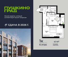 Планировка однокомнатной(квартира) площадью 41 квадратных метров в “ЖК Пушкино Град”