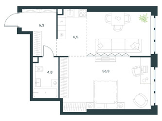Планировка однокомнатной(квартира) площадью 53.9 квадратных метров в ЖК “ЖК Левел Южнопортовая”