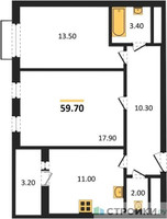 Планировка двухкомнатной(квартира) площадью 59.7 квадратных метров в “ЖК Римский”