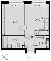 Планировка однокомнатной(квартира) площадью 40.7 квадратных метров в “ЖК Симоновский вал”