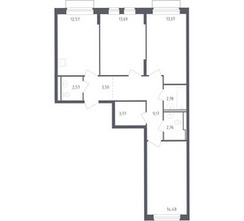 Планировка трехкомнатной(квартира) площадью 77 квадратных метров в ЖК “ЖК Рублевский Квартал”