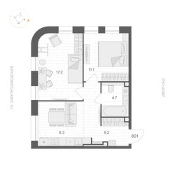 Планировка двухкомнатной(апартаменты) площадью 50.5 квадратных метров в ЖК “ЖК ARTEL (Артель)”