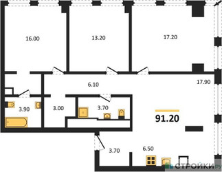 Планировка трехкомнатной(квартира) площадью 91.2 квадратных метров в ЖК “ЖК Emotion (Эмоушен)”
