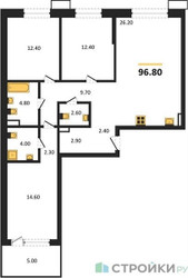 Планировка трехкомнатной(квартира) площадью 96.8 квадратных метров в ЖК “ЖК Дзен-кварталы”