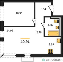 Планировка однокомнатной(квартира) площадью 40.91 квадратных метров в “ЖК Новое Видное”