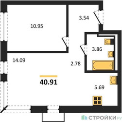 Планировка однокомнатной(квартира) площадью 40.91 квадратных метров в ЖК “ЖК Новое Видное”