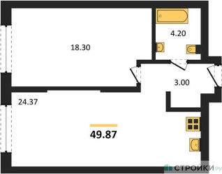Планировка однокомнатной(апартаменты) площадью 49.87 квадратных метров в ЖК “ЖК EVOPARK Измайлово (Эвопарк Измайлово)”