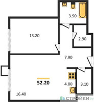 Планировка однокомнатной(апартаменты) площадью 52.2 квадратных метров в “ЖК Верейская 41”
