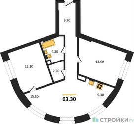Планировка двухкомнатной(квартира) площадью 63.3 квадратных метров в ЖК “ЖК Родина Переделкино”