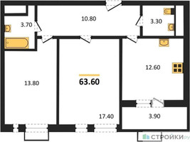 Планировка двухкомнатной(квартира) площадью 63.6 квадратных метров в “ЖК Римский”