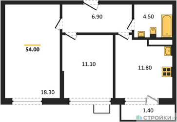 Планировка двухкомнатной(квартира) площадью 54 квадратных метров в ЖК “ЖК Южные сады”